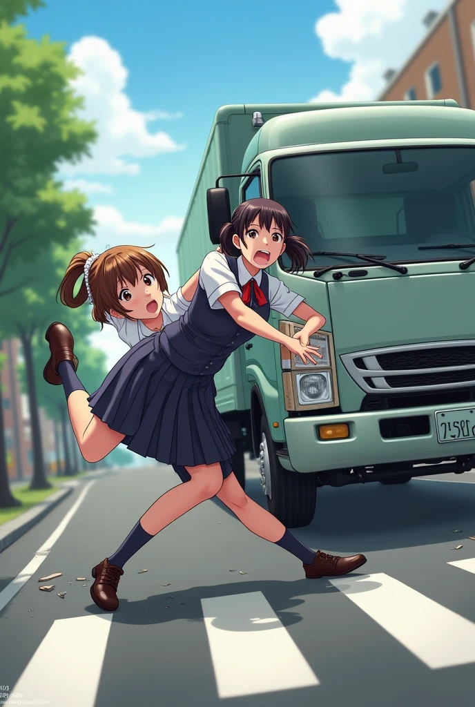 High school girl in uniform with hair in a ponytail falls on top of a lady who is surprised by the truck and her little stick house breaks