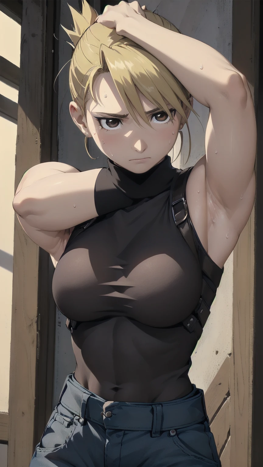 masterpiece, highest quality, High resolution, One Girl, Hamriz, ponytail, Brown eyes,big , Black Shirt, Tight shirt, holster, Short sleeve, belt, Covered navel, Blue pants,indoor、Upper body close-up、Muscular body、blush、Sweat、Composition from the front、anime、(((Close-up of a person、大きなおっぱい、Both armpits exposed、Sweat、Look forward)))