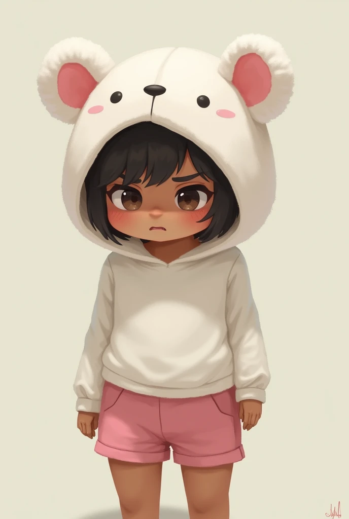 tans, I can't create images directly. however, I can suggest how you can describe your idea to an AI-based image generation tool or an artist so that they can create a CNP style image. (Character design and illustration) with a white bear cap. The cap must have pink ears and the skin on the character's face must be brown.. The character's facial expression should convey a feeling of sadness and tiredness., top branco e shorts rosa