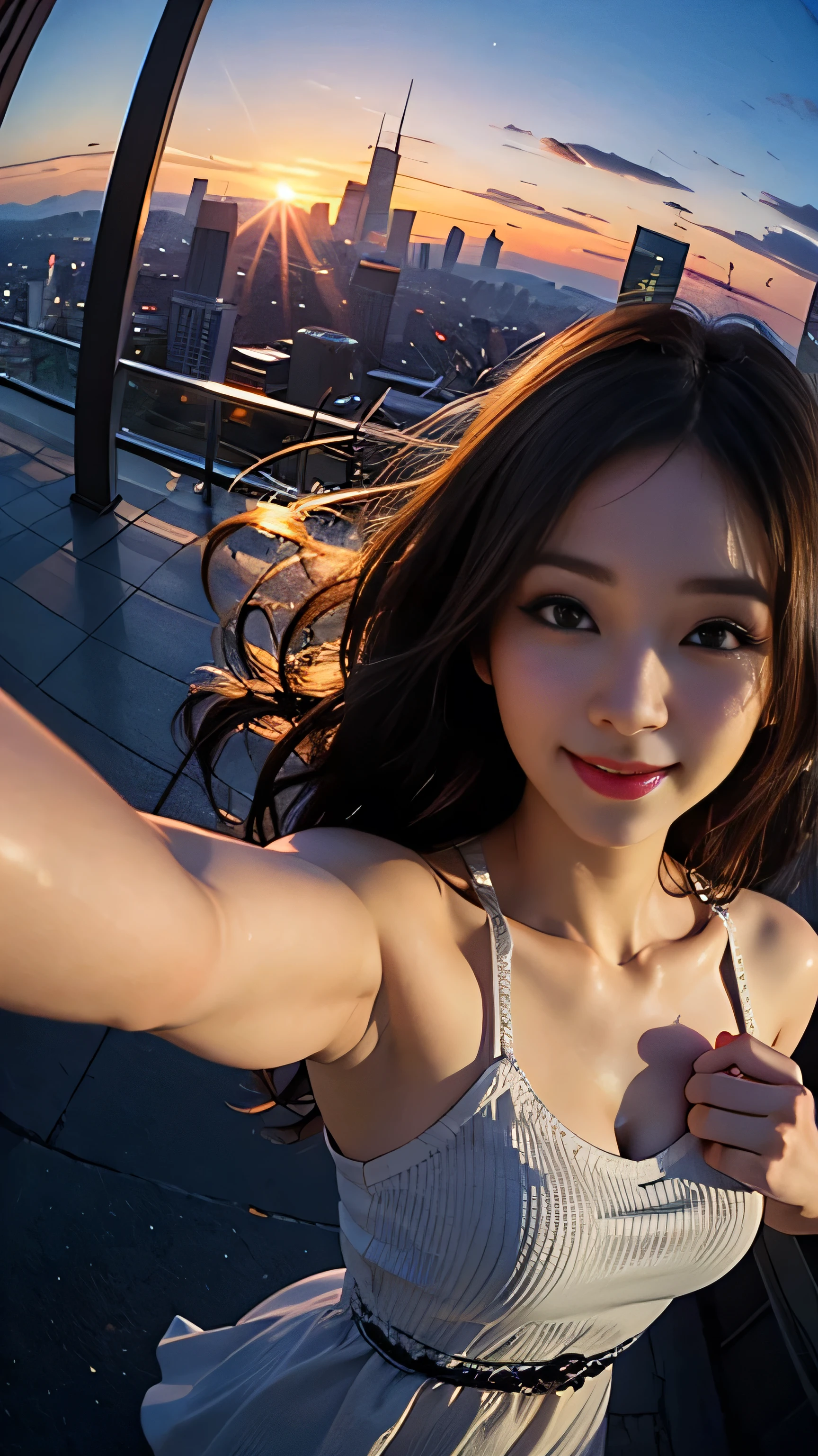 One person, Korean, Fisheye Lens, Selfie, Wind, Messy Hair, sunset, Cityscape, (Aesthetics and atmosphere:1.2),smile