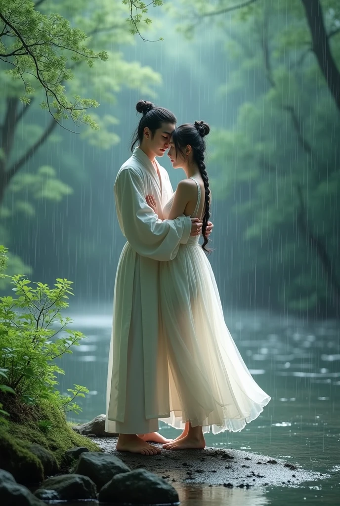 Personality traits"Ancient Chinese women of the Hanfu period"Very detailed images,,"A wide view shows the details of the vast forest. She is completely soaked..,Wearing a thin white villager's outfit, standing fishing by the river in the rain, while the body of the young man in white stands supporting and hugging the young woman from behind. The young woman holds the hem of her skirt and lifts it up above her waist.