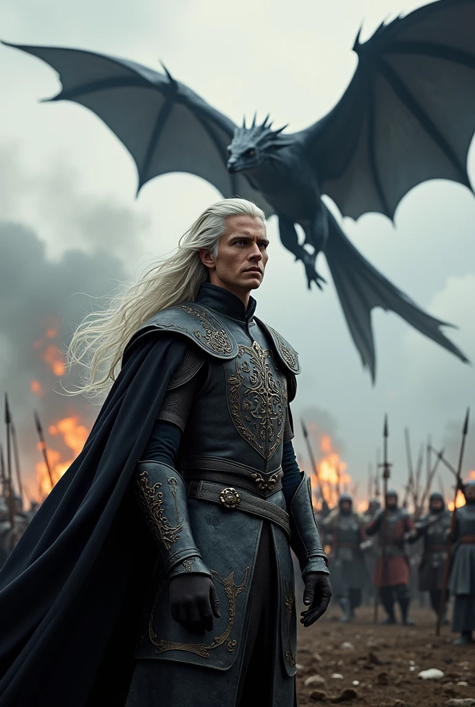 Create a detailed image of Aegon Targaryen on the battlefield and with his black dragon flying in the sky