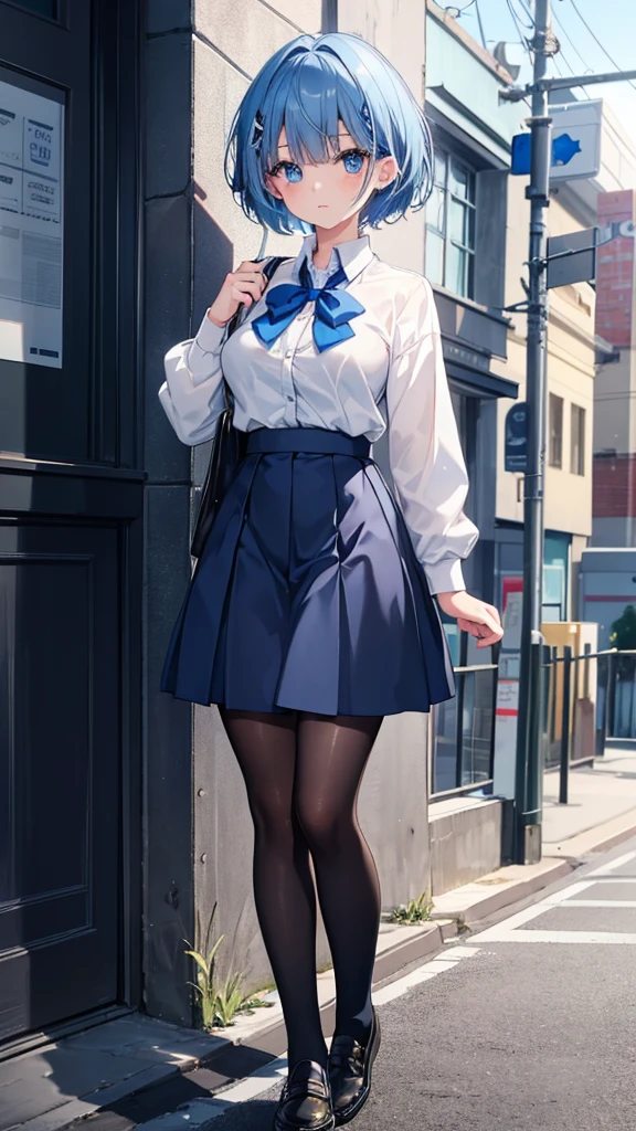 (Highest quality,Very detailed,high school girl),black tights,Blue Hair,short hair,cute,blue eyes,Wearing a high school uniform,She is wearing a blue skirt..,Her highlights are a bright white.,Her eyes are white and shining