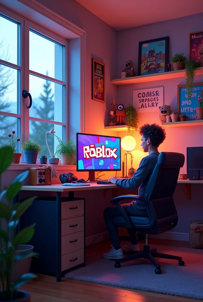 I want a room with a nice PC and that on the PC screen there is Roblox 