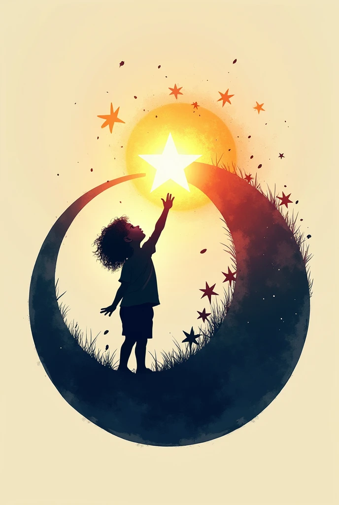 Logo that has the silhouette of a touching a star, the child inside a planet. The logo will be called creative space