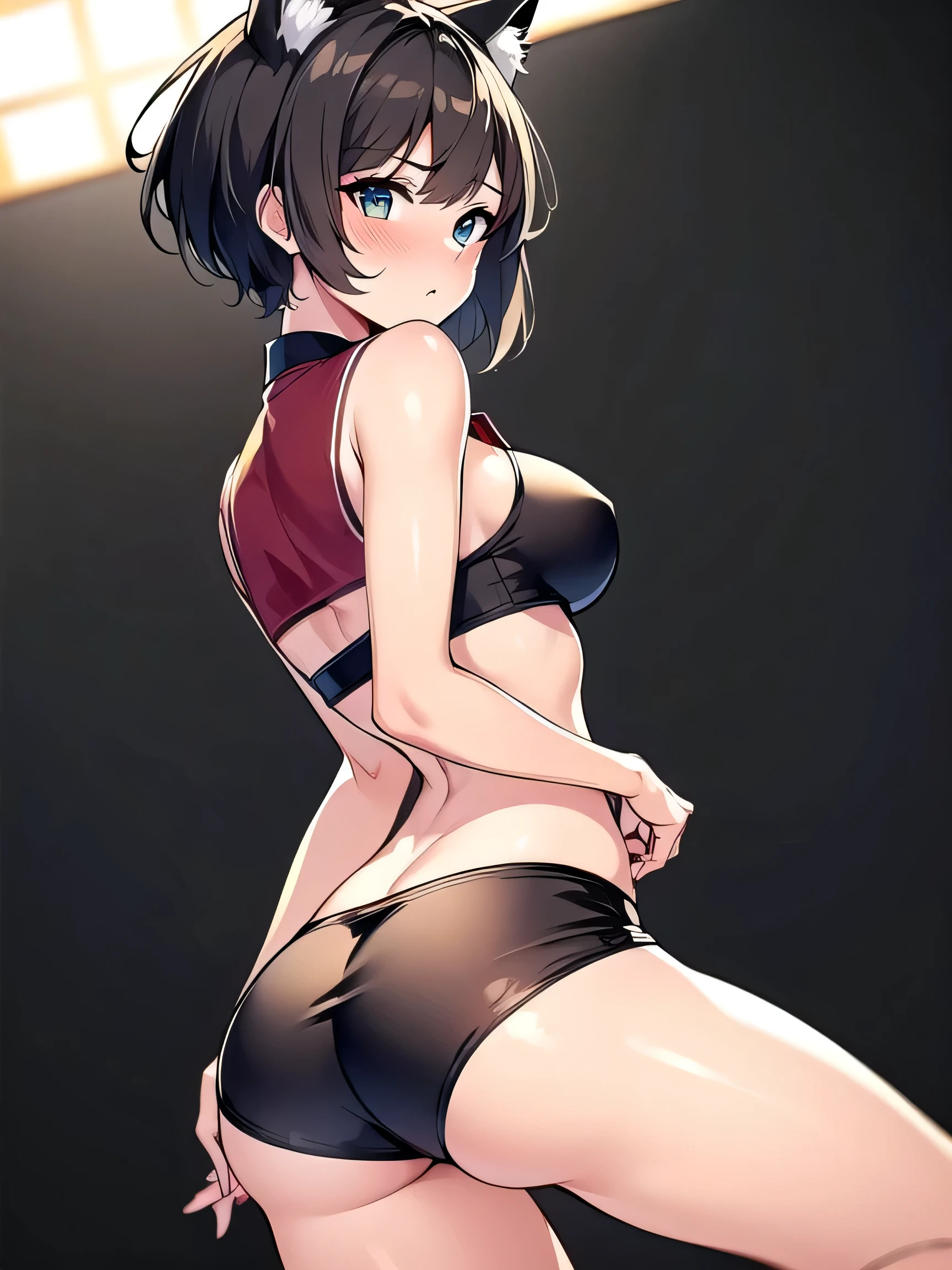all intricate details, woman, kitten pose, cat ears, short hair, perfect hands, perfect fingers, perfect body, sensual cleavage, medium breasts, red shirt, wearing tight black shorts, sexy shorts, vinyl shorts, Ultra HD, image 4k, best image quality, (fidelity: 1.4), photoreal, light green eyes, eyelashes, beautiful pupil, shadows, slight blush, delicate facial features, reasonable facial features, exposed waist, natural sexy pose, random front a