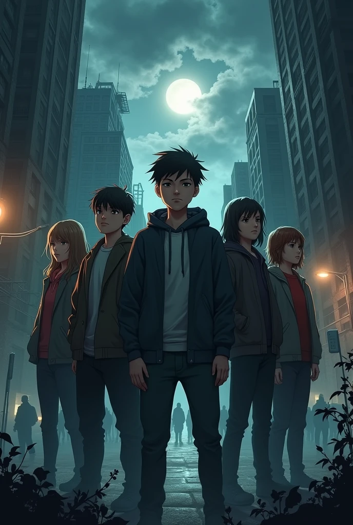 A tense and dramatic book cover features five high school students—three boys and two girls—standing in a deserted city street at night. One of the boys, with a determined and focused expression, stands slightly in front of the group. Behind him, the girls and the other boys show a mix of anxiety and resolve. The city around them is dark and ominous, with tall, shadowy buildings and a few flickering streetlights. The sky above is cloudy and threatening, with a hint of the moon peeking through. In the distance, there are vague silhouettes of other students, indicating a dangerous survival game. The title of the novel is prominently displayed at the top in bold, gritty font, with the author’s name at the bottom. The overall mood of the cover should be intense and suspenseful, reflecting the life-and-death stakes of the story.