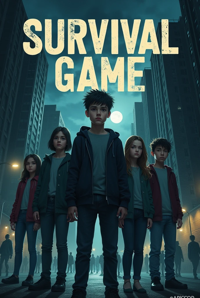 A tense and dramatic book cover features five high school students—three boys and two girls—standing in a deserted city street at night. One of the boys, with a determined and focused expression, stands slightly in front of the group. Behind him, the girls and the other boys show a mix of anxiety and resolve. The city around them is dark and ominous, with tall, shadowy buildings and a few flickering streetlights. The sky above is cloudy and threatening, with a hint of the moon peeking through. In the distance, there are vague silhouettes of other students, indicating a dangerous survival game. The title of the novel is prominently displayed at the top in bold, gritty font, with the author’s name at the bottom. The overall mood of the cover should be intense and suspenseful, reflecting the life-and-death stakes of the story.
