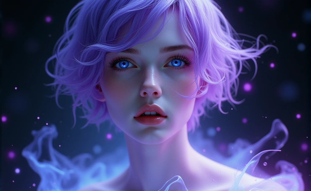 The image shows a man with delicate AND androgynous features. The man has pale and smooth skin watching at us, with a serene and dreamy expression. His eyes are an intense and bright blue, with a look that seems lost in deep thoughts. The young man hair is short, flowing, and a bright purple that appears to be made of liquid light. It is soaked and falls in clumps that blend into the background, giving a sense of movement and fluidity. There is an ethereal lighting effect surrounding the boy. Flashes of purple and white light spread across the image, as if the person is surrounded by water or some kind of magical energy. Light reflections on the skin and hair reinforce this feeling that the boy is made of a liquid or crystalline material. The background is dark, which makes the light effects stand out even more. There is a play of light and shadow that adds depth and mystery to the scene. The style is very detailed and realistic, with a fantastic touch. The use of cool colors and lighting effects creates a dreamy and otherworldly atmosphere.