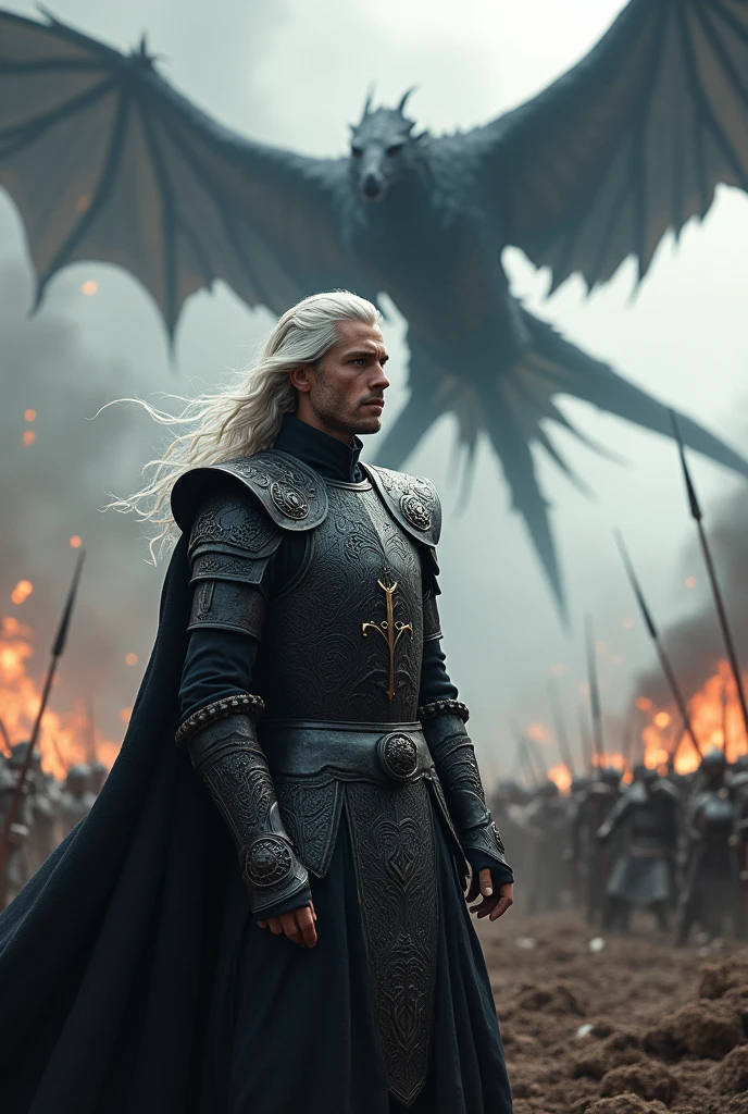 Create a detailed image of Aegon Targaryen on the battlefield and with his black dragon flying in the sky
