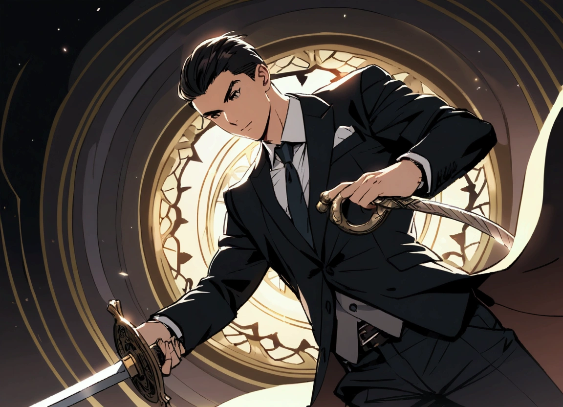 Cristiano Ronaldo in a suit with a sword in his hand