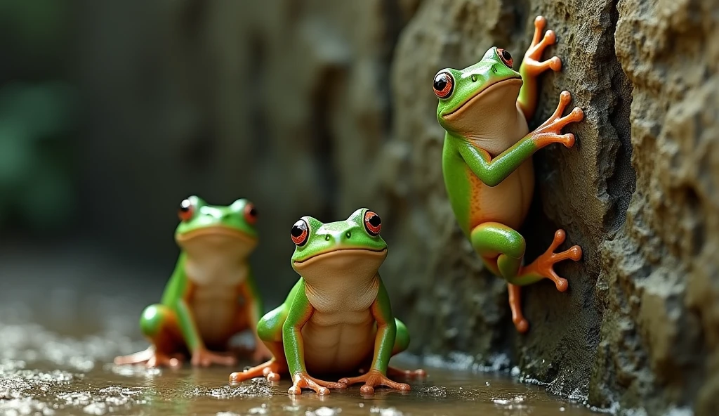 There were three frogs, they are still trying to climb up.