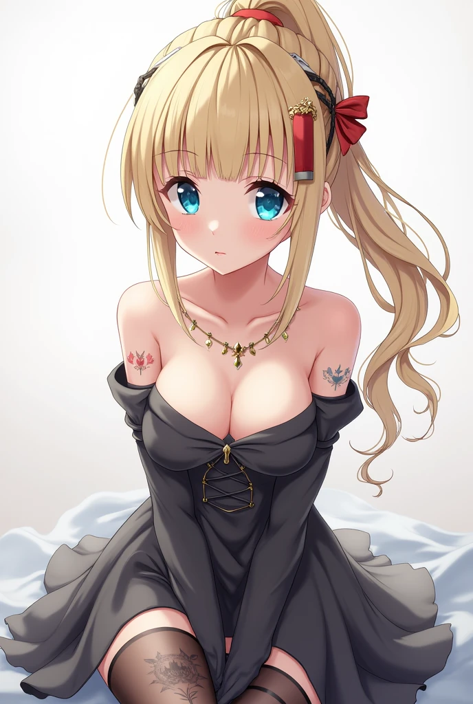 1girl,blue eyes,bare shoulders, blonde hair,blunt bangs,cleavage, collarbone, detached sleeves, naked,tattoo, long hair, thigh boots,jewelry, small breasts,(hair stick:1.2), hair ornament, high ponytail, anime 