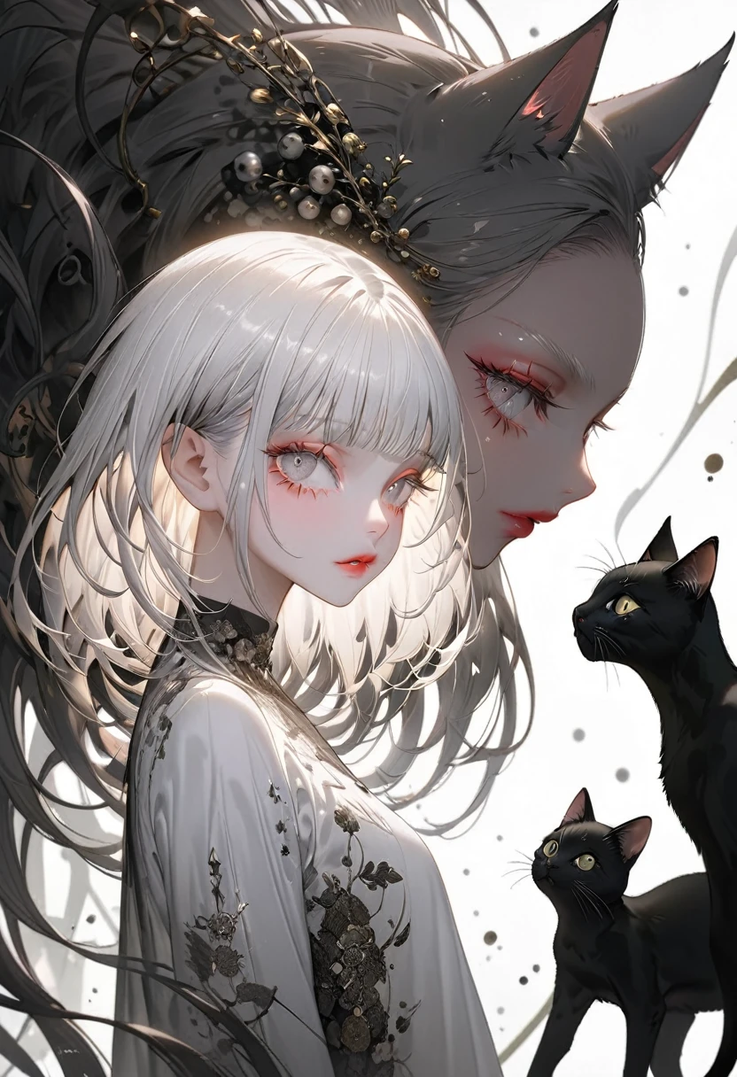 (Highest quality,Very detailed,High resolution:1.2),Slim albino girl,Gray-haired berry shorthair,gray bangs,very_Long eyelashes, Detailed lips, Cool look, Soft Skin, Shiny Hair,Exquisite makeup, Standing next to a giant black cat