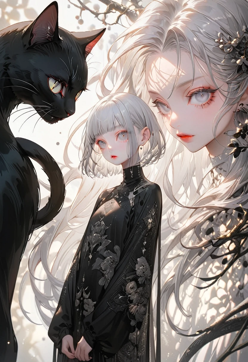 (Highest quality,Very detailed,High resolution:1.2),Slim albino girl,Gray-haired berry shorthair,gray bangs,very_Long eyelashes, Detailed lips, Cool look, Soft Skin, Shiny Hair,Exquisite makeup, Standing next to a giant black cat