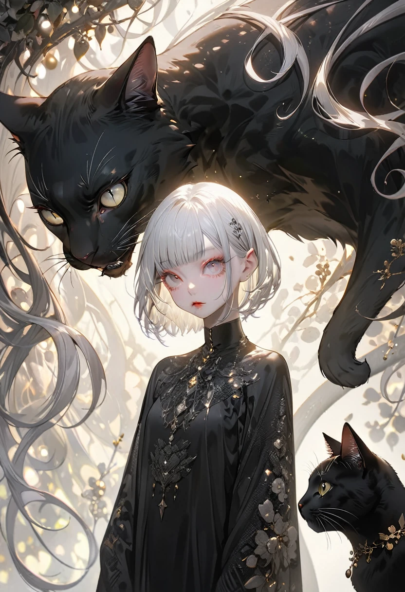 (Highest quality,Very detailed,High resolution:1.2),Slim albino girl，Gray-haired berry shorthair,gray bangs，very_Long eyelashes, Detailed lips, Cool look, Soft Skin, Shiny Hair,Exquisite makeup, Standing next to a giant black cat