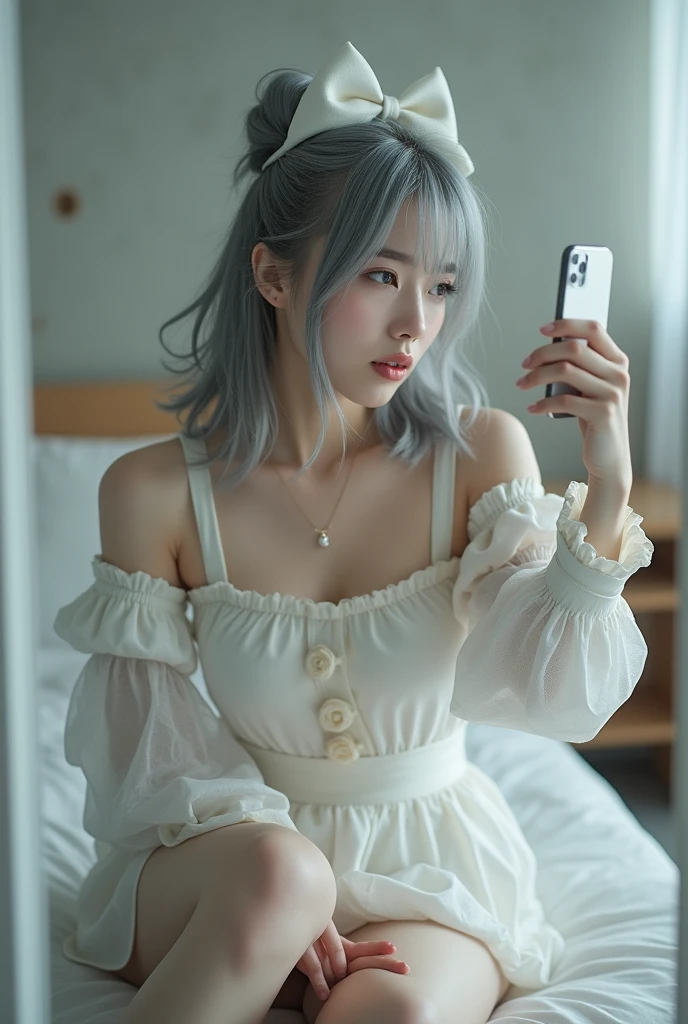 highly detailed, beautiful, hyper Realistic girl, masterpiece, best quality, Depict a mysterious and sophisticated beautiful Japanese gravure woman, 28-years-old, identity hidden, all body shot, /// (wearing a perfect Pierrot costume, white theme:1.2), /// gray arranged hair, small head, Detailed face, cute and Pretty slim face, Duck mouth, perfect beautiful Tooth, arranged gray hair, shiny eyes, blue-colored eyes, Realistic skin, Detailed face, /// Monotone simple modern taste single room, mirror, complicated background /// takes a selfie in her room using a smartphone in front of a mirror with one hand, sitting and fashion model Posing, looking away from the camera,
