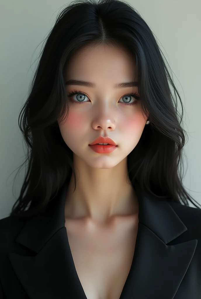 a beautiful 17 year old girl, with long jet black hair, sky blue eyes, porcelain white skin, Russian and sweet traits, rosy cheeks and reddish lips, He wore a black diamond suit. Ultra-realistic HD image