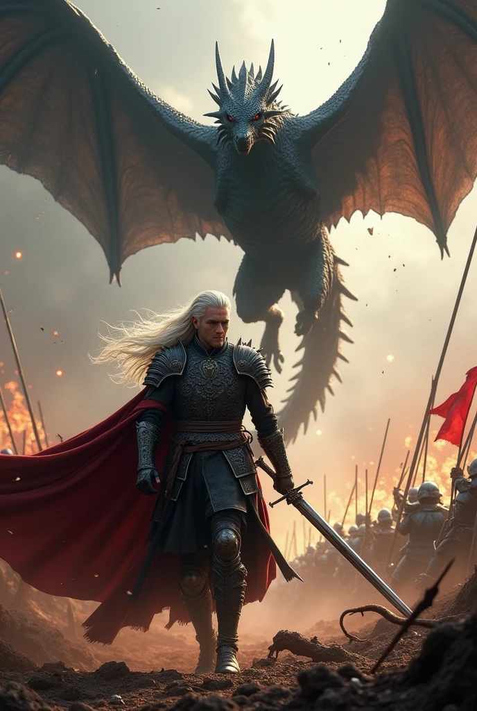 Create a detailed image of Aegon Targaryen on the battlefield and with his black dragon breathing fire and flying in the sky