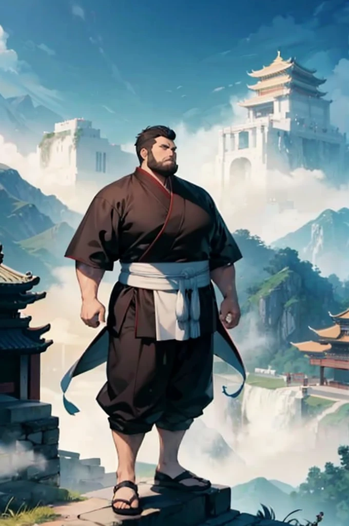A strong and fat man with fair skin and short black hair stands determinedly in front of an ancient Chinese temple on a misty mountain. He has large brown eyes filled with enthusiasm. He wears a black tunic with white details, paired with loose green kung fu pants. The background features a traditional temple with curved roofs and ornamental dragons, surrounded by mist and mountains. The atmosphere is serene and mystical.