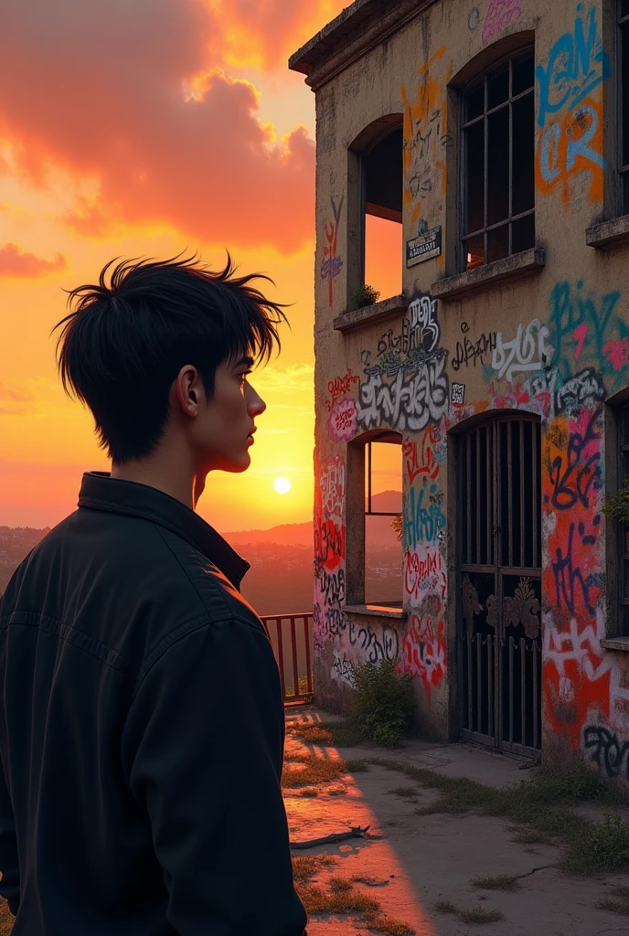 (photorealism:1.2), Black haired man looking at an abandoned building with graffiti in an orange sunset