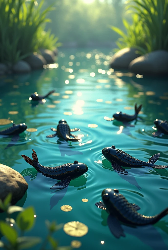 in the pond,There lived a group of lively tadpoles。When these little tadpoles swim in the water with their shiny black bodies,.他們每天在in the pond自在地游來游去,Enjoy a carefree life。