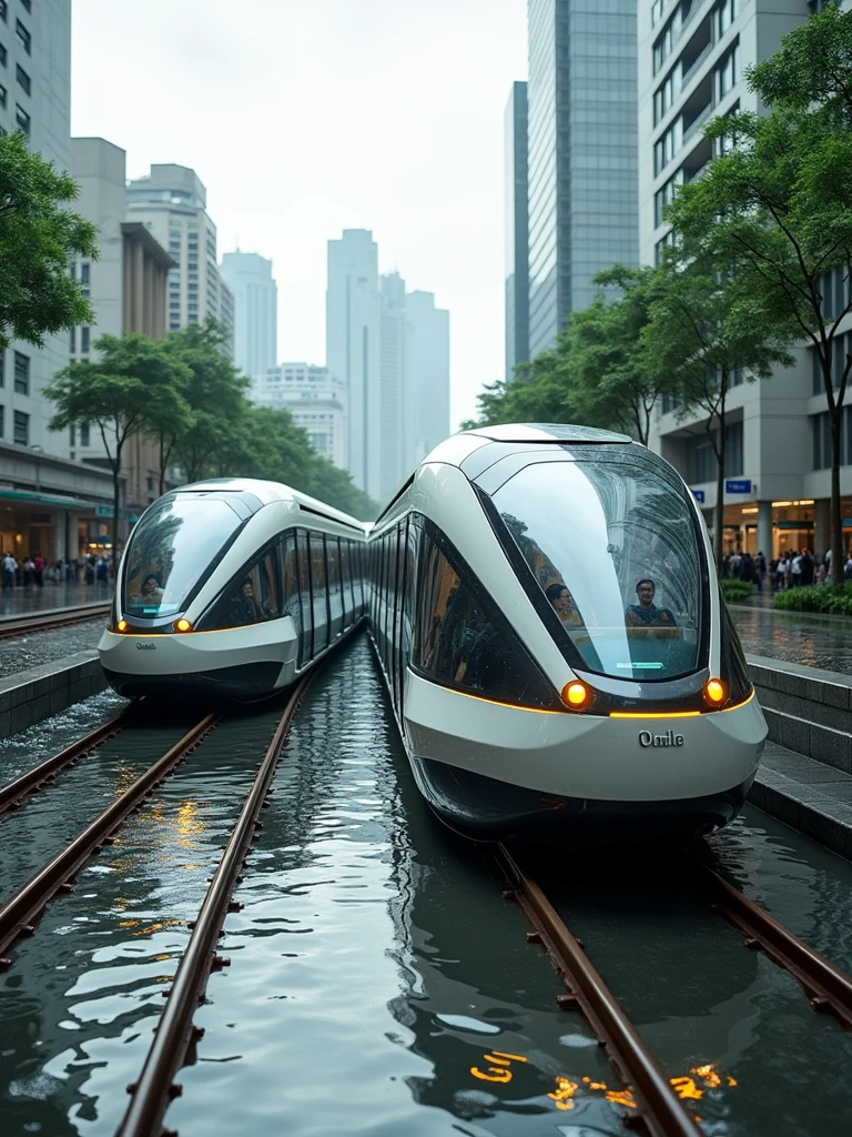 Experience the future of transportation in Jakarta with metro trains gliding seamlessly over water-flooded streets. Our cutting-edge system operates flawlessly in heavy rains, eliminating traffic jams and waterlogging. High-end cameras capture every moment in stunning hyper-realistic detail, showcasing this marvel of modern engineering. Witness the extraordinary transformation of Jakarta's landscape. Step aboard and embrace uninterrupted travel like never before_ 5:4 ratio