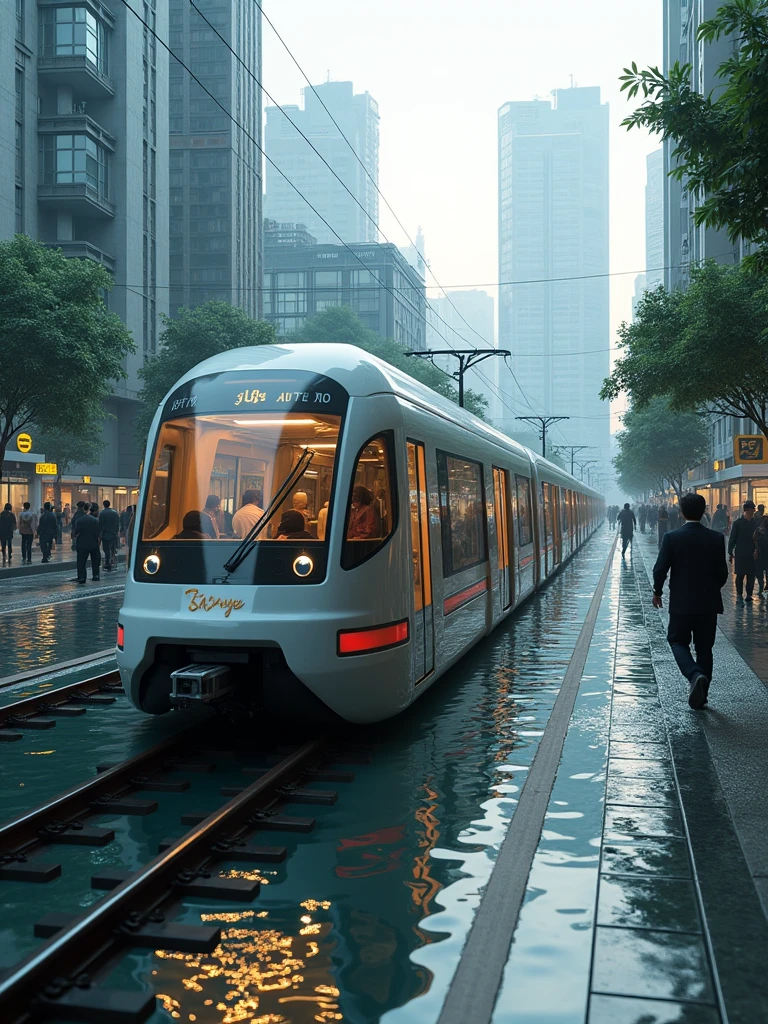 Experience the future of transportation in Jakarta with metro trains gliding seamlessly over water-flooded streets. Our cutting-edge system operates flawlessly in heavy rains, eliminating traffic jams and waterlogging. High-end cameras capture every moment in stunning hyper-realistic detail, showcasing this marvel of modern engineering. Witness the extraordinary transformation of Jakarta's landscape. Step aboard and embrace uninterrupted travel like never before_ 5:4 ratio