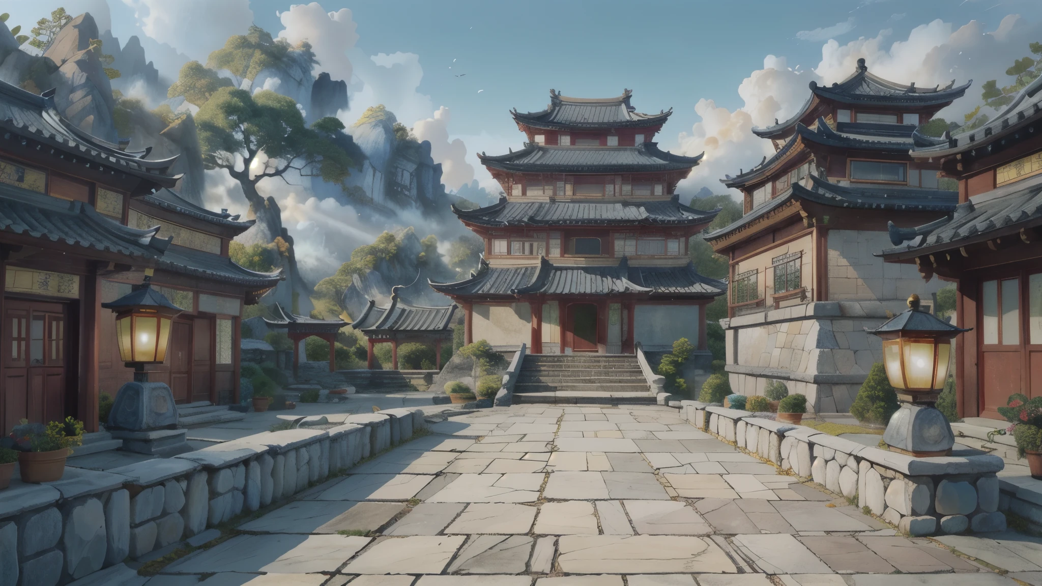 中国Ink画,  masterpiece , best quality, Ink画，Guo Chao，Ink，（Xianxia scene，Fantasy fairyland scene，Pavilions，architecture具有东南亚特色，cloud雾缭绕：1.5），outdoor，Sky，daytime，cloud，Tree，Blue sky，nobody，window，plant，architecture，landscape，lantern，stairs，Potted plants，architecture，东亚architecture，landscape