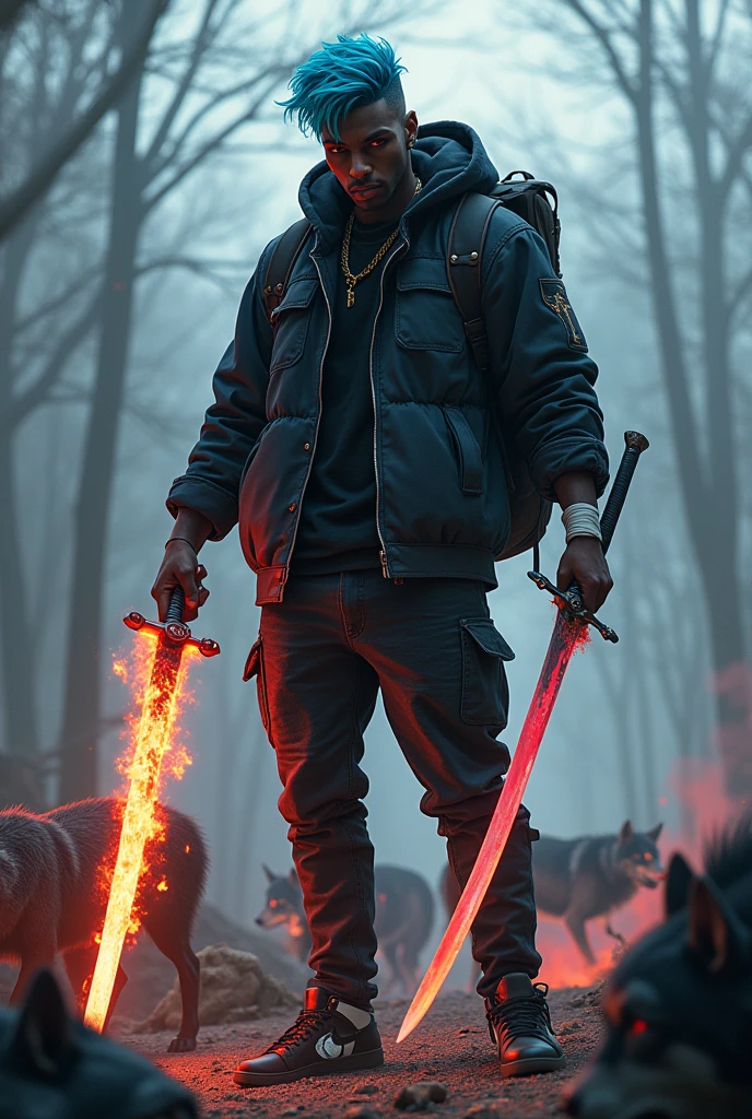 A tall dark-skinned man with electric blue hair and red eyes, a gold earring on his left ear, standing in a pile of bodies, wearing a black denim sweatshirt with a black shirt, wearing black denim pants, black Jordan sneakers with white wristbands, holding a sword with fire in his left hand and a white katana with a black frame in his right hand., a backpack on the back and with wolves around 



