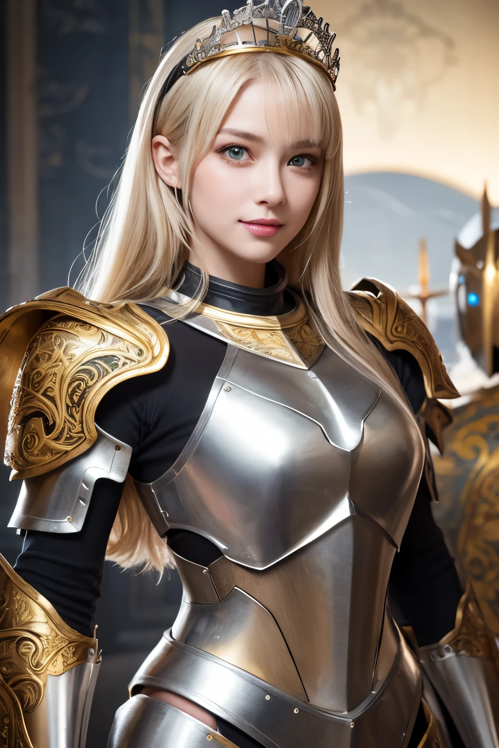 Ultra HD、Ultra-clear、White and beautiful translucent skin、Beautiful and well-proportioned face、Cute smile、Sagittarius Warrior、Cover your entire body in platinum armor、A holy knight in platinum armor、Golden Tiara、Platinum armor with ornate engravings covering the entire body、Heavy platinum armor、Translucent beautiful green eyes、Blonde、Big Breasts、Outer space background、