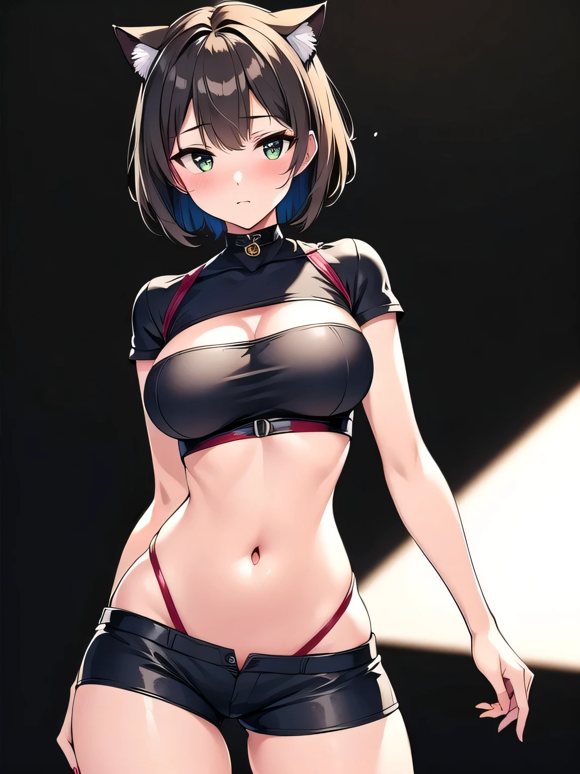 all intricate details, woman, kitten pose, cat ears, short hair, perfect hands, perfect fingers, perfect body, sensual cleavage, medium breasts, red shirt, wearing tight black shorts, sexy shorts, vinyl shorts, Ultra HD, image 4k, best image quality, (fidelity: 1.4), photoreal, light green eyes, eyelashes, beautiful pupil, shadows, slight blush, delicate facial features, reasonable facial features, exposed waist, natural sexy pose, random front angle, all black background