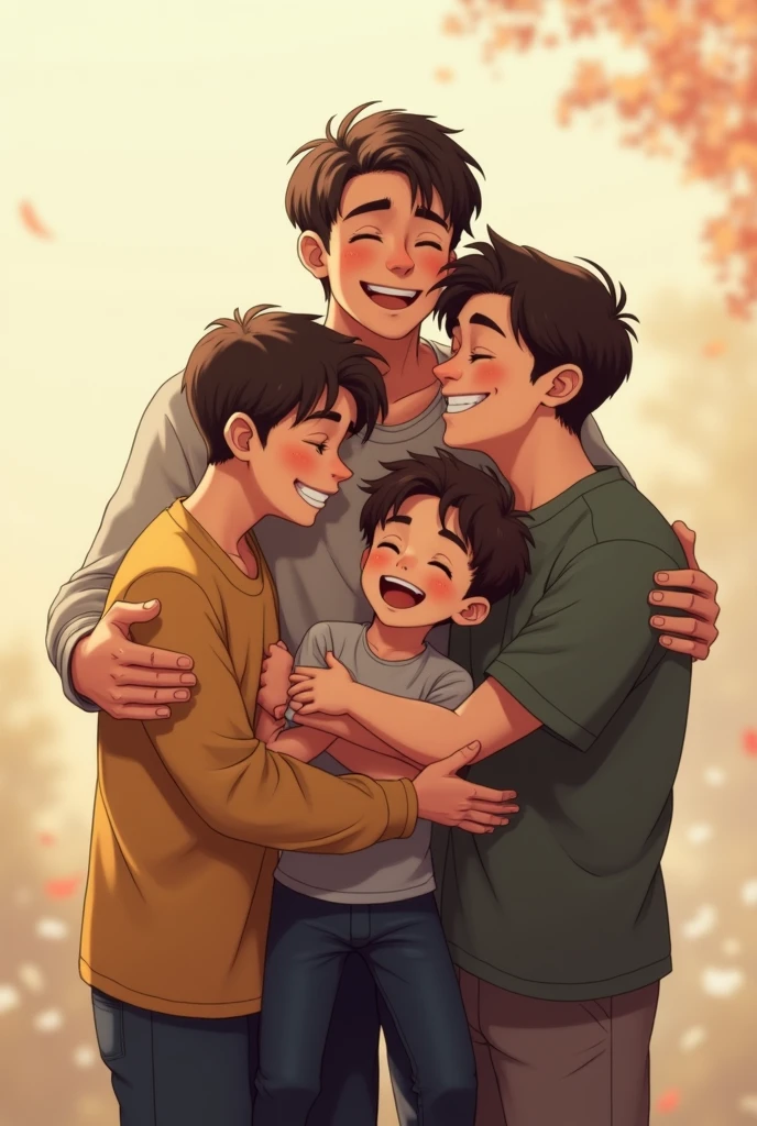 Three male brothers together, hugged and smiling, a 40 year old, another 3 and another 30 years old.