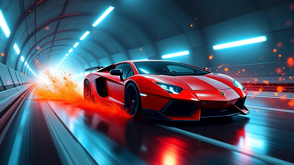 splatter art of a lamborghini aventador running in a tunnel at night, speed, motion, neon lights, atey ghailan, alena aemani, jeremy mann photo, cinematic, vibrant