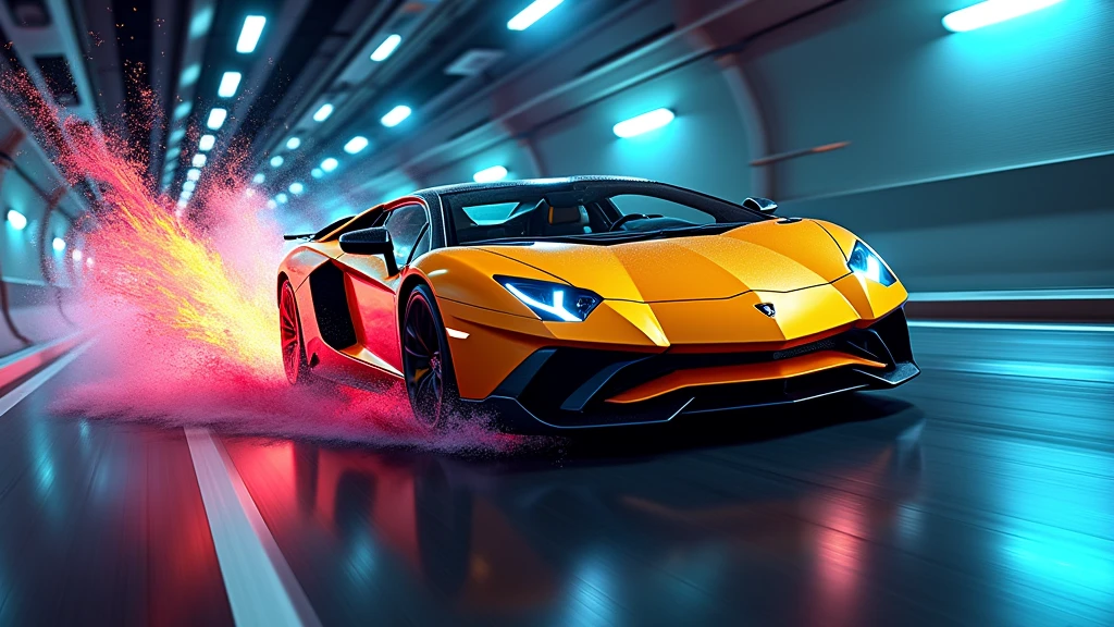 splatter art of a lamborghini aventador running in a tunnel at night, speed, motion, neon lights, atey ghailan, alena aemani, jeremy mann photo, cinematic, vibrant