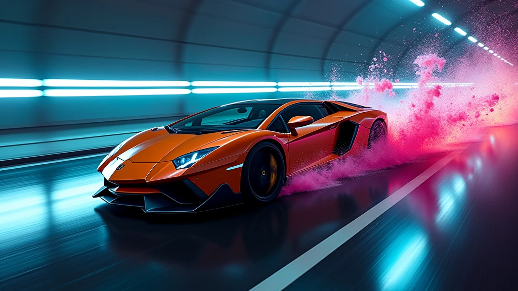 splatter art of a lamborghini aventador running in a tunnel at night, speed, motion, neon lights, atey ghailan, alena aemani, jeremy mann photo, cinematic, vibrant