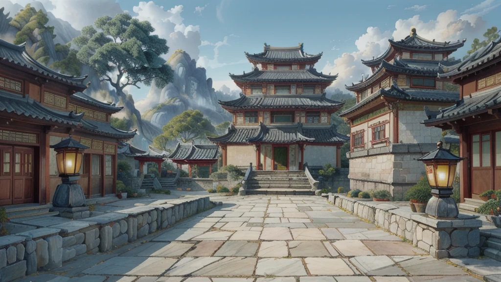 中国Ink画,  masterpiece , best quality, Ink画，Guo Chao，Ink，（Xianxia scene，Fantasy fairyland scene，Pavilions，architecture具有东南亚特色，cloud雾缭绕：1.5），outdoor，Sky，daytime，cloud，Tree，Blue sky，nobody，window，plant，architecture，landscape，lantern，stairs，Potted plants，architecture，东亚architecture，landscape