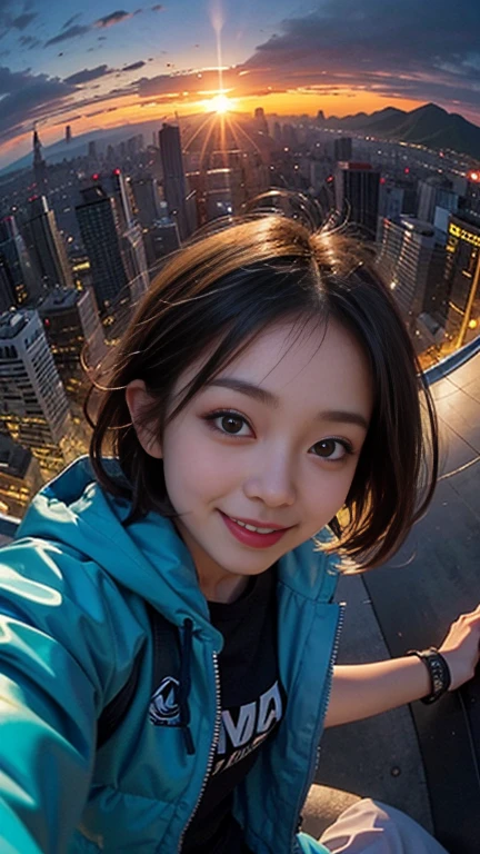 One person, Korean, Fisheye Lens, Selfie, Wind, Messy Hair, sunset, Cityscape, (Aesthetics and atmosphere:1.2),smile