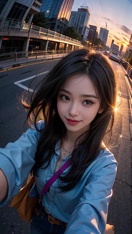 One person, Korean, Fisheye Lens, Selfie, Wind, Messy Hair, sunset, Cityscape, (Aesthetics and atmosphere:1.2),smile