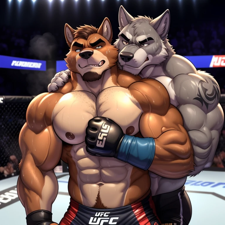 Duo male(Brown Dog vs Gray wolf), handsomes(handsome hairstyle, Thick eyebrows, detailed face), gay(cuddling embraced from behind, holded around the armpits, body with body, on a UFC match), hot(Shirtless), handsomes(They are handsomes, correct anatomy), musculosos(Big muscle bodies, Six packs, muscle abs, big pecs), sweaty(very sweaty wet bodies, shiny sweat), tatuajes(they have tattoos), grumpy(Both have an grumpy expression, grumpy teeths, steaming breath), UFC gloves(They both are wearing UFC gloves), Hight resolution, by(Zourik:1.1)