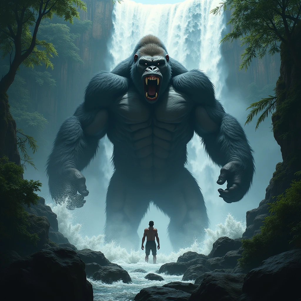 {{A ((terrifying)) depiction of {((a massive, violent gorilla monster))}} with {((muscular build, sharp fangs, and fierce expression, emerging forcefully from a cascading waterfall))}}. This is a {((horror and action))}-inspired image that showcases {((the monster's raw power and menacing presence))}}. The environment/background should be {((a dense jungle with a towering waterfall, the gorilla monster breaking through the rushing water, with a small, frightened person below, dwarfed by the scale of the creature))}} to create an {((atmosphere of fear and intensity))}}. The image should be in the style of a {((high-resolution digital illustration))}}, incorporating elements of {((creature horror and dramatic jungle scenery))}}. The {((frontal, wide-angle shot))}}, captured with a {((35mm lens))}}, will provide a {((dramatic and direct perspective of the gorilla monster's emergence and the person's vulnerability))}}. The lighting should be {((moody and shadowy, with beams of light piercing through the dense foliage, highlighting the monster's powerful form and the cascading water))}}, emphasizing {((the terrifying size difference between the gorilla and the person))}}. The desired level of detail is {((highly realistic and defined))}} with a {((4K resolution))}} resolution, highlighting {((the intricate textures of the gorilla's fur, the crashing waterfall, and the tense atmosphere))}}. The goal is to create a {((chilling and intense))}} image that captivates viewers with its {((sense of danger and impending confrontation))}}.