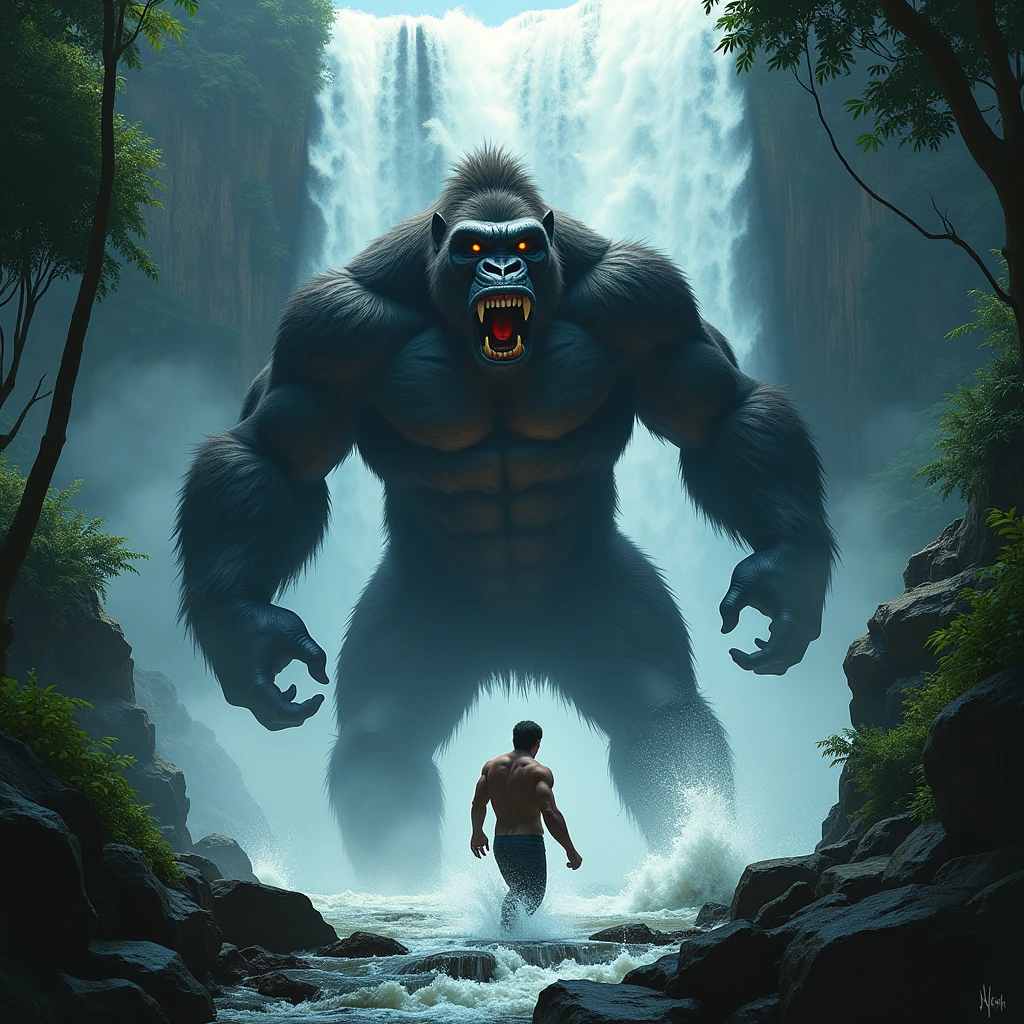 {{A ((terrifying)) depiction of {((a massive, violent gorilla monster))}} with {((muscular build, sharp fangs, and fierce expression, emerging forcefully from a cascading waterfall))}}. This is a {((horror and action))}-inspired image that showcases {((the monster's raw power and menacing presence))}}. The environment/background should be {((a dense jungle with a towering waterfall, the gorilla monster breaking through the rushing water, with a small, frightened person below, dwarfed by the scale of the creature))}} to create an {((atmosphere of fear and intensity))}}. The image should be in the style of a {((high-resolution digital illustration))}}, incorporating elements of {((creature horror and dramatic jungle scenery))}}. The {((frontal, wide-angle shot))}}, captured with a {((35mm lens))}}, will provide a {((dramatic and direct perspective of the gorilla monster's emergence and the person's vulnerability))}}. The lighting should be {((moody and shadowy, with beams of light piercing through the dense foliage, highlighting the monster's powerful form and the cascading water))}}, emphasizing {((the terrifying size difference between the gorilla and the person))}}. The desired level of detail is {((highly realistic and defined))}} with a {((4K resolution))}} resolution, highlighting {((the intricate textures of the gorilla's fur, the crashing waterfall, and the tense atmosphere))}}. The goal is to create a {((chilling and intense))}} image that captivates viewers with its {((sense of danger and impending confrontation))}}.
