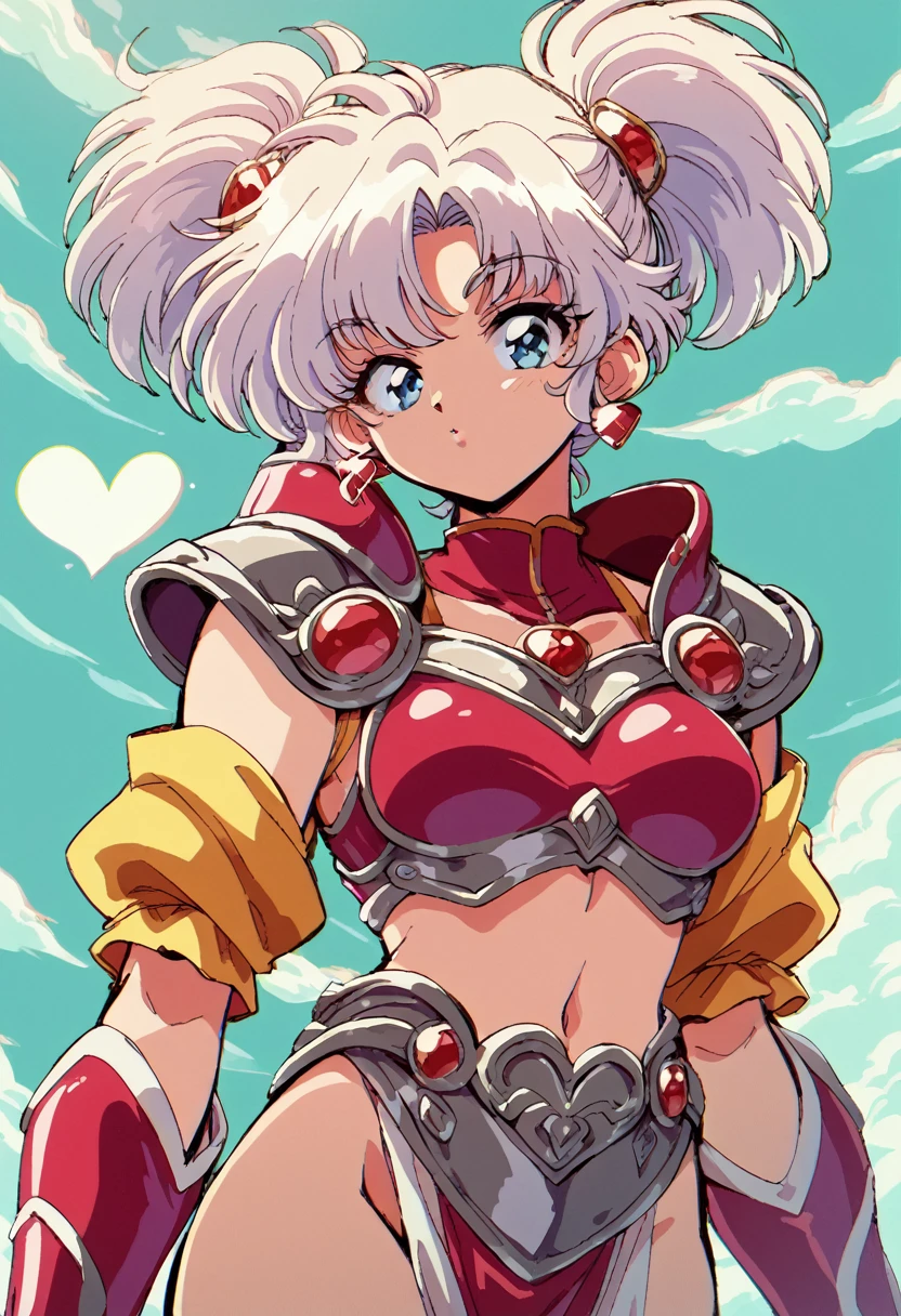 "(Yag:1.1), score_9, score_8_superior, score_8, japan anime, retro anime style, anime screencap, anime coloring, One girl, Twin tails, Exquisitely detailed body, Sexy Face, Bikini Armor, Shoulder pads, heart jewelry, sleeve, Sexy pose, View your viewers