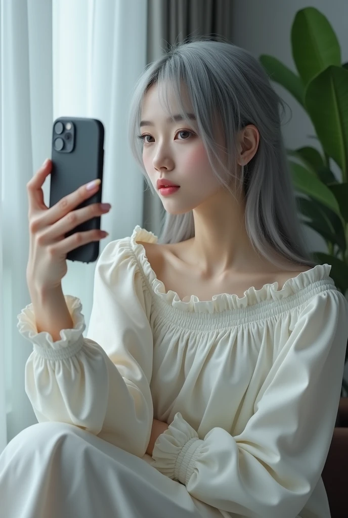 highly detailed, beautiful, hyper Realistic girl, masterpiece, best quality, Depict a mysterious and sophisticated beautiful Japanese gravure woman, 24-years-old, identity hidden, all body shot, /// wearing a perfect Pierrot costume, white theme, /// gray arranged hair, small head, Detailed face, cute and Pretty slim face, Duck mouth, perfect beautiful Tooth, arranged gray hair, shiny eyes, blue-colored eyes, Realistic skin, Detailed face, /// Monotone simple modern taste single room, mirror, complicated background /// takes a selfie in her room using a smartphone in front of a mirror with one hand, sitting and fashion model Posing, looking away from the camera,