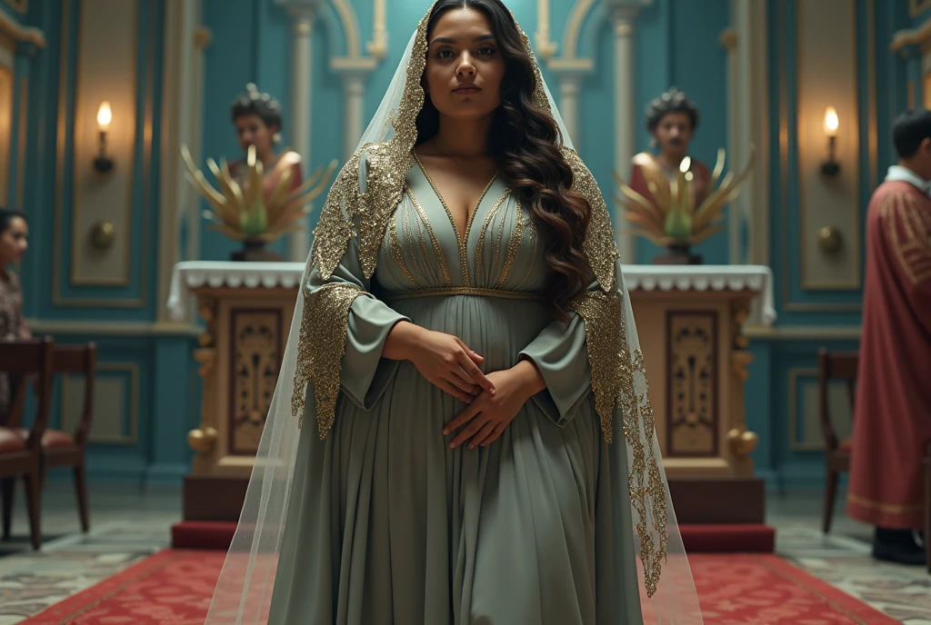 A fat white girl, de 18 anos, Brazilian, with Modest long sleeved dress , in a Catholic church wearing a full head-length sequined veil at mass, with almost long, curly dark blond hair, and dark brown eyes 
