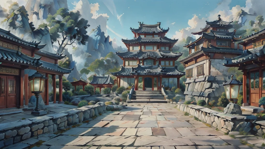 中国Ink画,  masterpiece , best quality, Ink画，Guo Chao，Ink，（Xianxia scene，Fantasy fairyland scene，Pavilions，architecture具有东南亚特色，cloud雾缭绕：1.5），outdoor，Sky，daytime，cloud，Tree，Blue sky，nobody，window，plant，architecture，landscape，lantern，stairs，Potted plants，architecture，东亚architecture，landscape