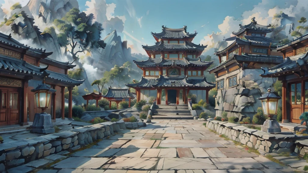 中国Ink画,  masterpiece , best quality, Ink画，Guo Chao，Ink，（Xianxia scene，Fantasy fairyland scene，Pavilions，architecture具有东南亚特色，cloud雾缭绕：1.5），outdoor，Sky，daytime，cloud，Tree，Blue sky，nobody，window，plant，architecture，landscape，lantern，stairs，Potted plants，architecture，东亚architecture，landscape