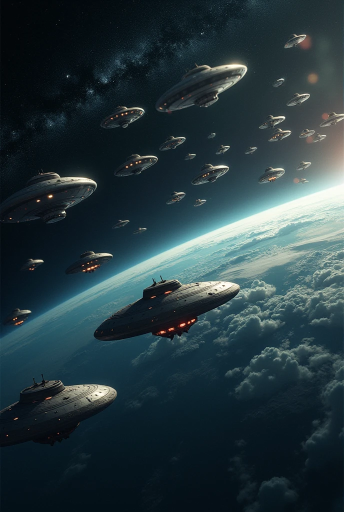 Draw a picture of 30 UFOs orbiting the Earth。Please make sure the image size is 1080px wide。