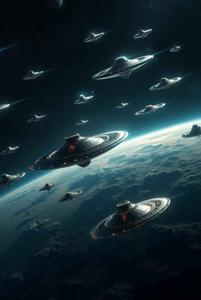 Draw a picture of 30 UFOs orbiting the Earth。Please make sure the image size is 1080px wide。