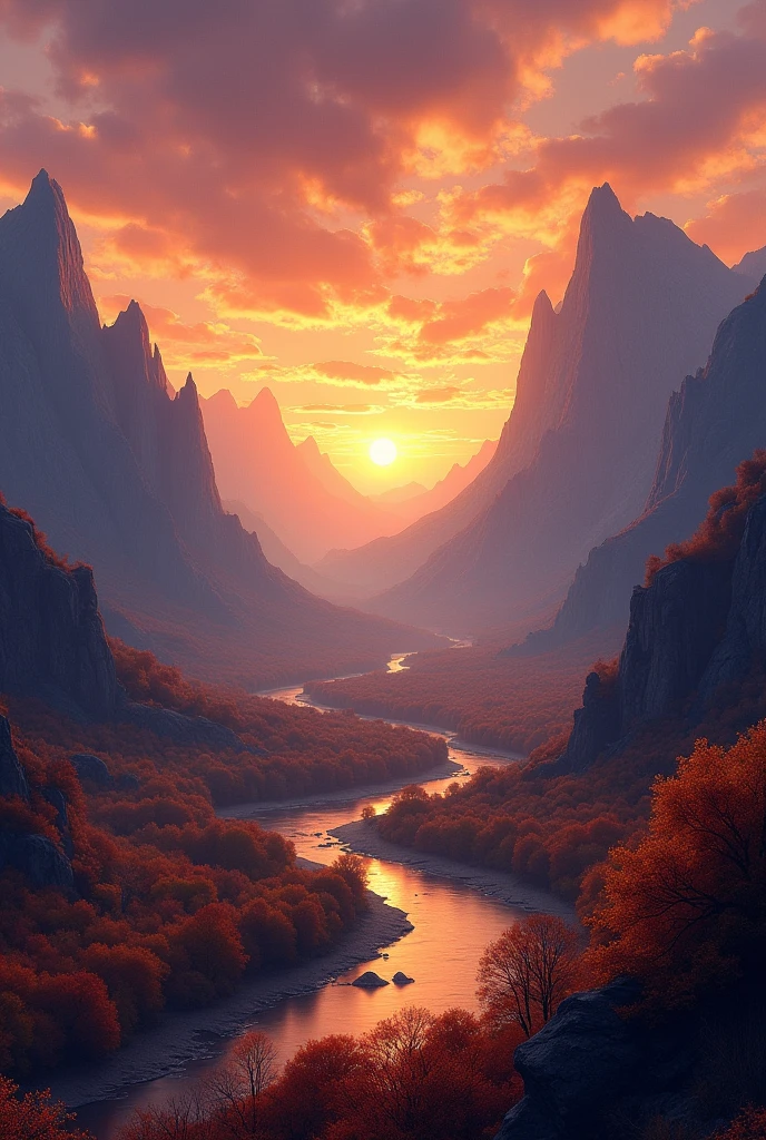 A breathtaking landscape at sunset, featuring a valley surrounded by mountains. The sky is filled with dramatic clouds painted in vibrant shades of orange and yellow, contrasting with the dark silhouettes of the peaks. A winding river reflects the warm hues, while the valley below is adorned with autumnal foliage in earthy tones. Overall, the scene conveys a sense of serene beauty and natural grandeur.